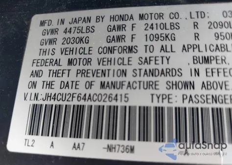 2010 Acura Tsx 2.4 z USA, uszkodzony, nr VIN JH4CU2F64AC026415